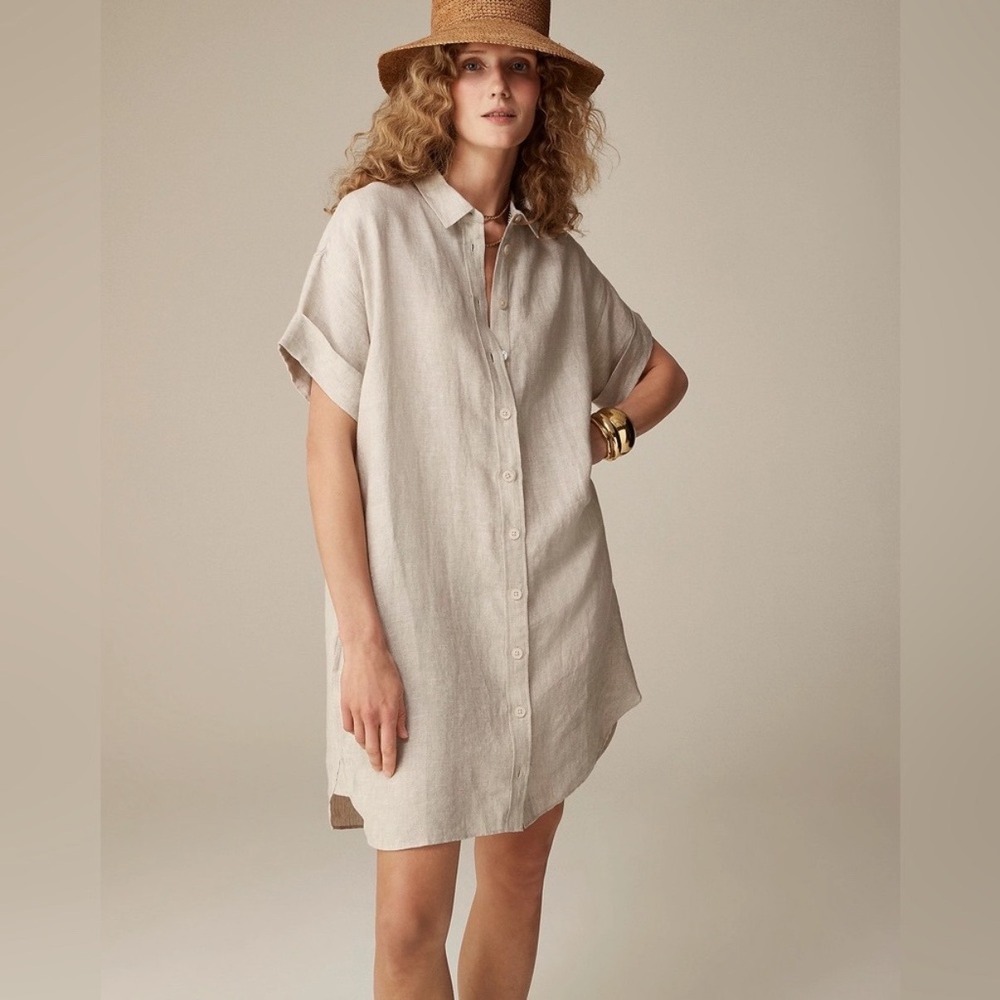 J. Crew 100% Linen Capitaine Shirt Dress M Short Sleeve Button Down Beige Tan